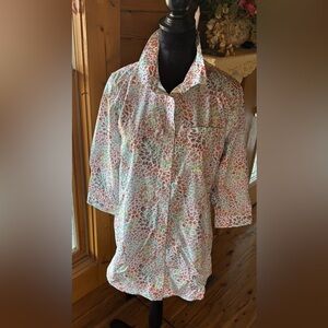 Lands’ End Floral Ditzy Print No Iron Supima 100% Cotton Button-up Shirt NWOT 12